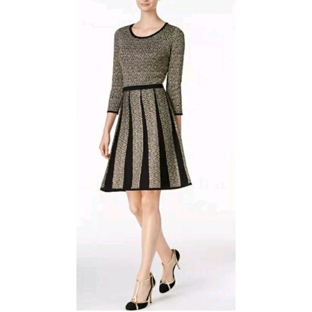 Nine West L Metallic Fit & Flare Sweater Dress Black Gold Pullover NWT Swing